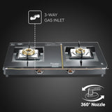 Prestige Vectra 2 Burner Glasstop Gas Stove|Superior Toughened Glass|Jumbo Brass Burner|3-Way Gas Inlet|360 Degree Revolving Nozzle|5 Years Warranty on Glass|Black-(40589)