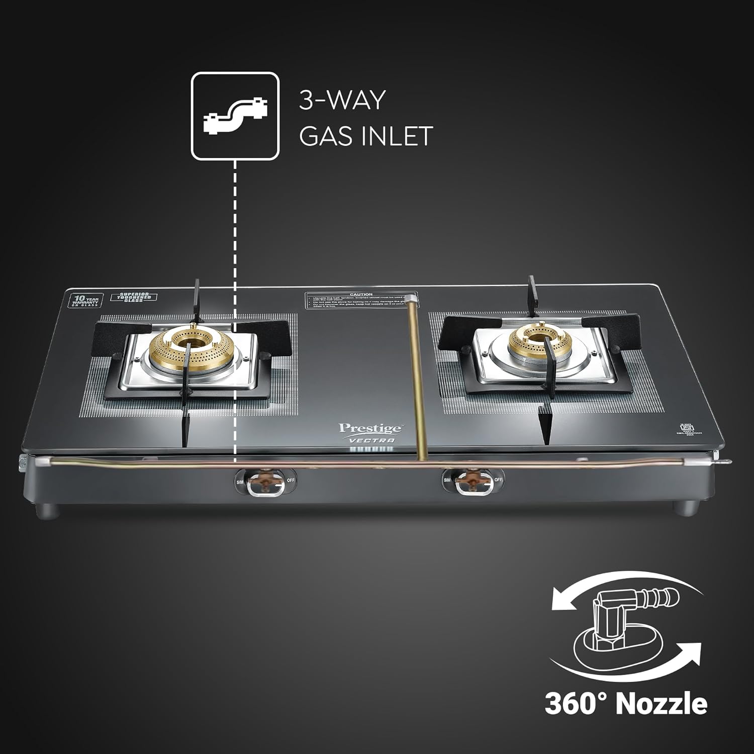 Prestige Vectra 2 Burner Glasstop Gas Stove|Superior Toughened Glass|Jumbo Brass Burner|3-Way Gas Inlet|360 Degree Revolving Nozzle|5 Years Warranty on Glass|Black-(40589)
