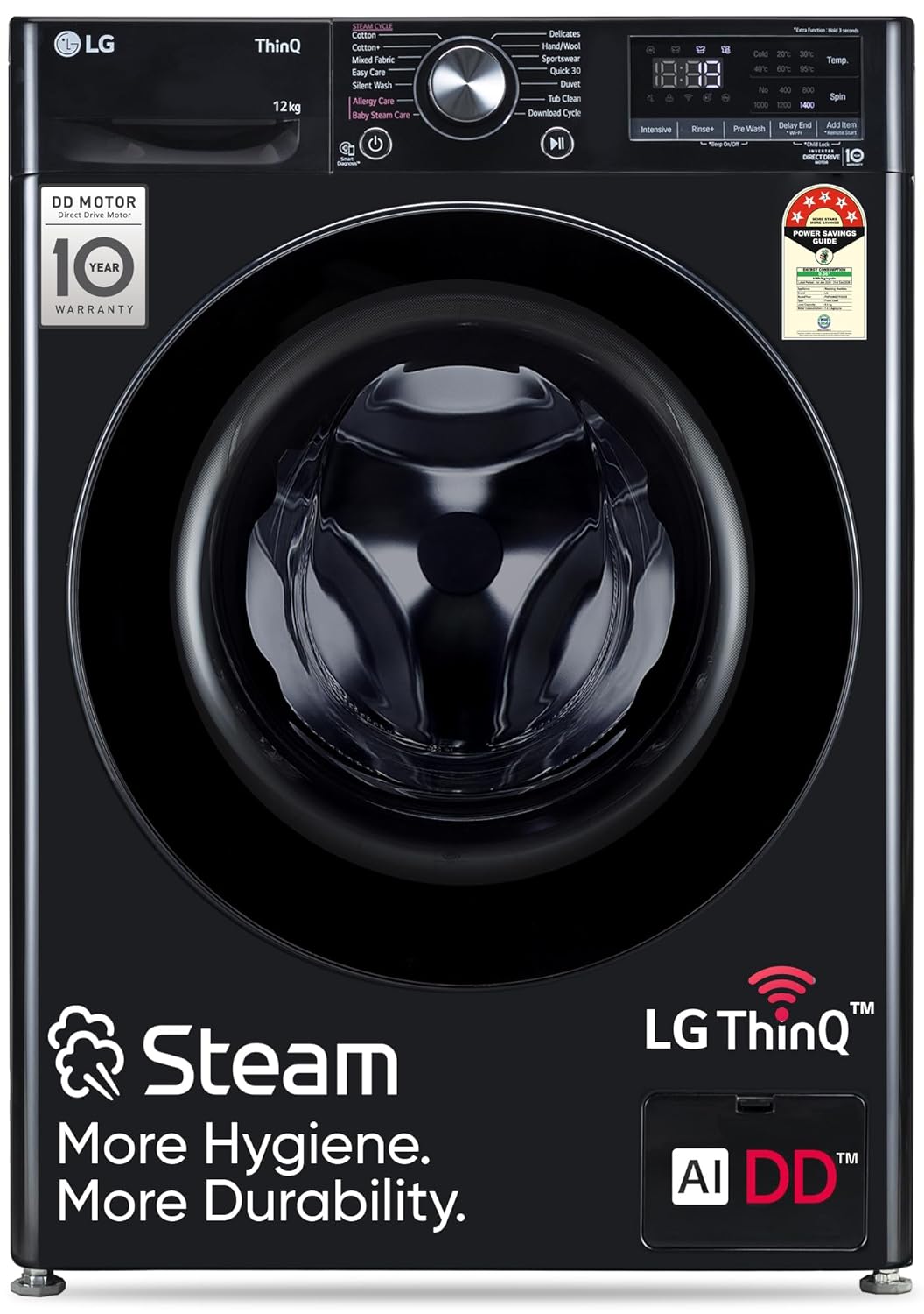 LG 12.0 kg 5 Star AI Direct Drive Front Load Washing Machine with In-Built Heater, Steam, 6 Motion DD, 1400 RPM, Wi-Fi ThinQ, and Allergy Care, Onyx Black,FHP1412Z5O