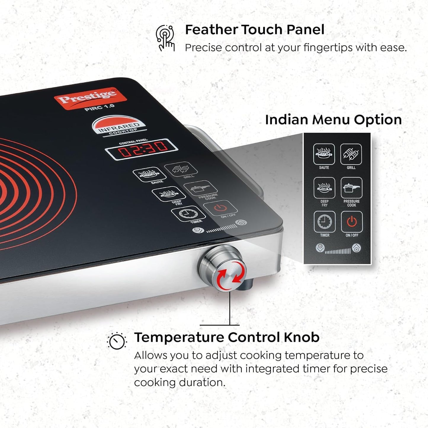 Prestige Infrared Cooktop PIRC 1.0 (2200W, Black) | Advanced Radiant Heating & Adjustable Temperature Control | Compatible with All Metal Cookware | Indian Preset Menu, Timer & Touch Panel | Sleek Stainless Steel Design-41136