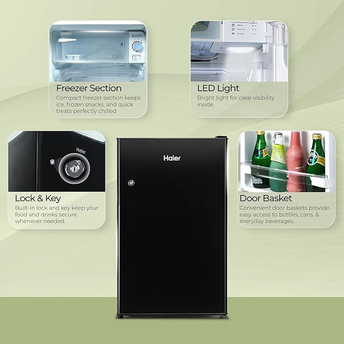 Haier 100 L 2 Star Direct Cool Single Door Mini Bar Refrigerator with Chiller Freezer Box, LED Light for Clear View, Lock &amp; Key and Easy Clean Back, HRD-1252KSA