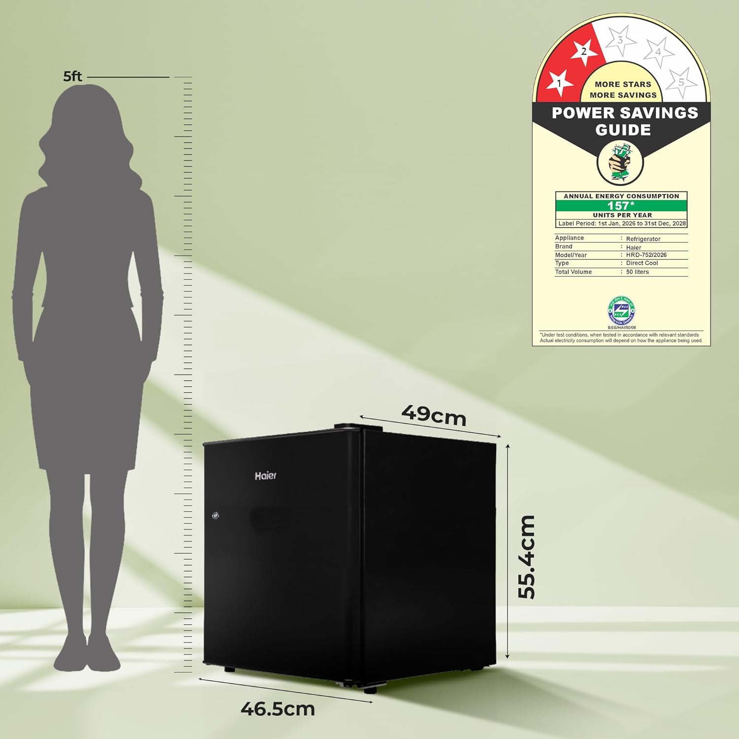 Haier 50L 2-Star Direct Cool Single Door Mini Refrigerator with Toughened Glass Shelf and LED Display-(Black, HRD-752KSA)