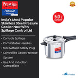 Prestige Popular Svachh Spillage Control Stainless Steel Outer Lid Pressure Cooker, 5 L (Silver)-20173