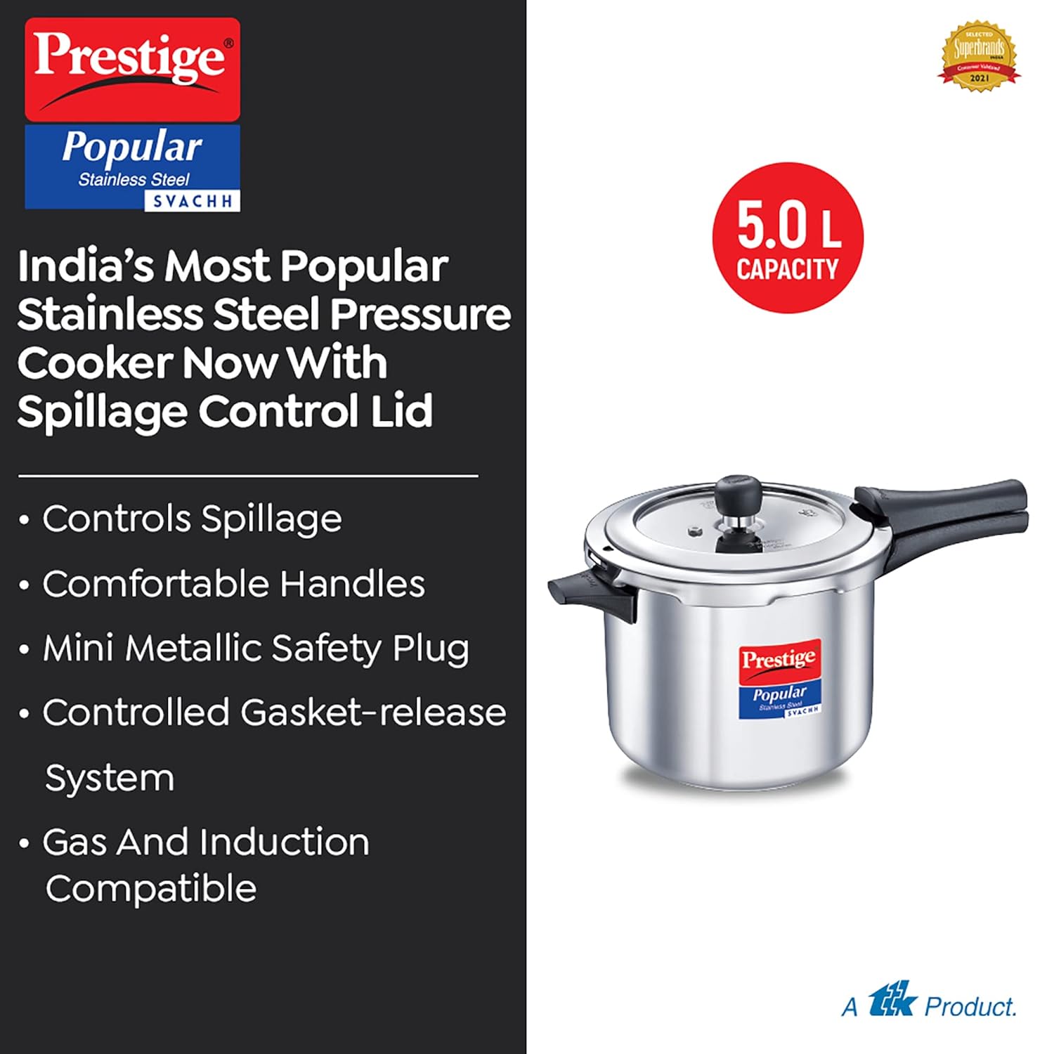 Prestige Popular Svachh Spillage Control Stainless Steel Outer Lid Pressure Cooker, 5 L (Silver)-20173