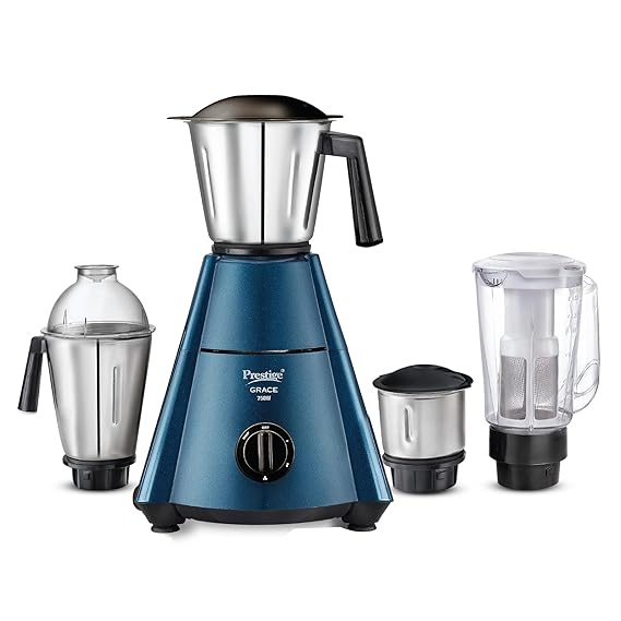 Prestige 750 Watts Grace Mixer Grinder with 4 Jars (3 Stainless Steel Jars + 1 Juice Jar)|4 Super Efficient Blades|Sturdy Handles|Dome Shaped Lid|Blue & Black 43151