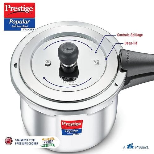 Prestige Popular Svachh Stainless Steel Pressure Cooker, 7.5 Litre - Spillage Control Outer Lid, Durable SS Body, Model: 20174 (Non-Induction Base)