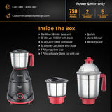 Prestige Regal 750W Mixer Grinder with 3 Stainless Steel Jars | Appealing Black and Red Design | Durable ABS Plastic Body | 230V | Efficient Grinding Solution for Modern Kitchens-Model: 42568