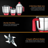 Prestige Regal 750W Mixer Grinder with 3 Stainless Steel Jars | Appealing Black and Red Design | Durable ABS Plastic Body | 230V | Efficient Grinding Solution for Modern Kitchens-Model: 42568