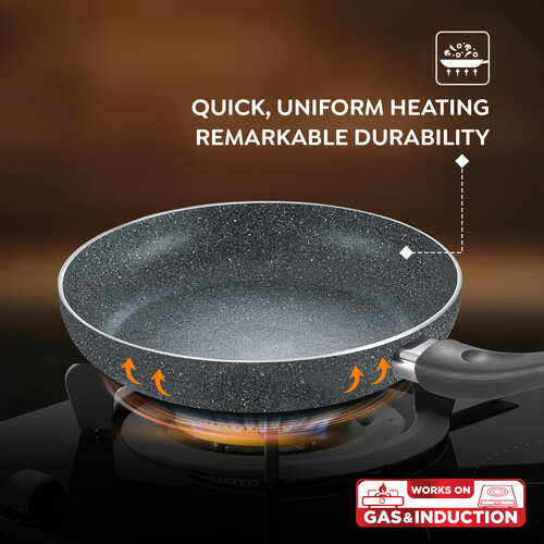 Prestige Svachh Granite Non-Stick 3-Piece Cookware Set (Omni Tawa 28cm, Kadai with Glass Lid 24cm, Fry Pan 24cm) Dual Non-Stick Coating, Metal Spoon Friendly, Gas & Induction Compatible, Aluminum, Induction Base, Made in India, Grey