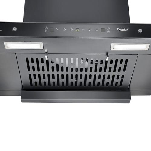 Prestige Edge 600 Wall-Mounted Kitchen Chimney | 60cm T-Type Hood | 1200+ CFM Suction | Heat Auto-Clean | Revolutionary Motion Sensor | Filterless Technology | Toughened Glass & Powder Coated Body | Black -42323