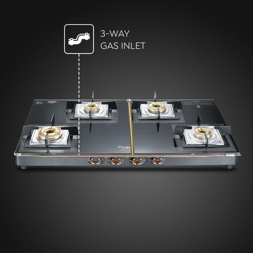 Prestige Vectra 4 Burner Glasstop Gas Stove|Superior Toughened Glass|Jumbo Brass Burner|3-Way Gas Inlet|360 Degree Revolving Nozzle -40591