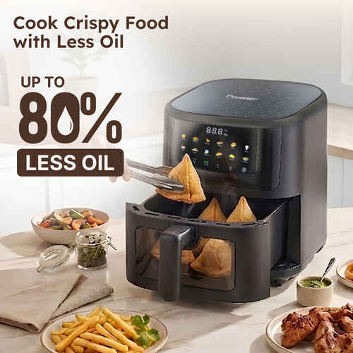 Prestige Crysta Chef 5.5L Electric Air Fryer (ABS Plastic Body) with See-Through Window | High-Capacity Non-Stick Frying Basket, Safety Interlocking & Smart Hot Air Circulation | Includes Food-Grade Oil Brush-41422