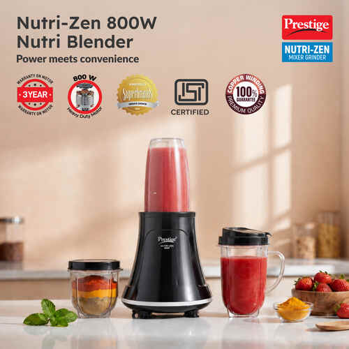 Prestige Nutri-Zen Mixer Grinder with 3 Polycarbonate Jars | Powerful 800W motor | Unbreakable polycarbonate jars | Multipurpose transparent jars | Sipper lid and cover lid for convenience | 20,000 RPM for quick grinding | Push Button Control-43169
