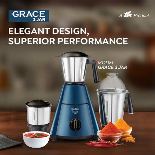 Prestige Grace 750W Mixer Grinder with 3 Durable Stainless Steel Jars | Tough ABS Plastic Body | 230V | High-Performance Grinding for Wet & Dry Ingredients- Model: 43152