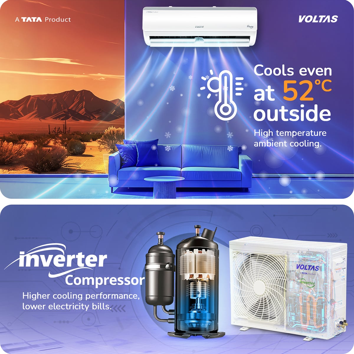 Voltas 1.5 Ton 5 Star Inverter Split AC (185INV Vertis Elite) | 6 Step Adjustable Mode, 5050W Cooling, 100% Copper, 4-Way Swing, Ice Wash Technology, Anti-Corrosive Gold Fin, High Ambient Cooling up to 52°C