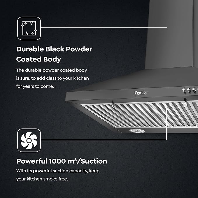 Prestige Dura Plus 600 Contemporary Black Kitchen Hood chimney|Powerful 1000M3/Suction|Easy Push Buttons With 3 Speed|Ss Baffle Filter-41848