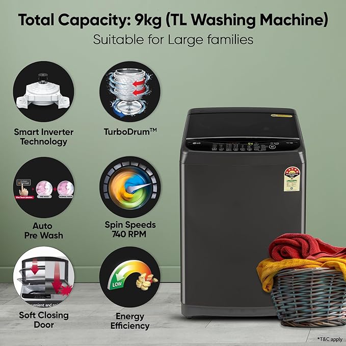 LG 12 kg 5 Star Inverter Fully Automatic Top Load Washing Machine (T12SJMB1Z, Smart Inverter Motor, Middle Black)