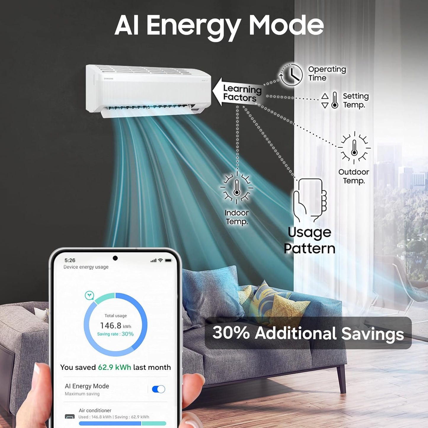 Samsung 2 Ton 3 Star Wi-Fi Inverter Split AC (Copper, WindFree Technology, Bespoke AI Energy Mode, 5-Step Convertible, 4-Way Swing, Alexa/Google/Bixby Control, White)-AR60H24D13WNNA