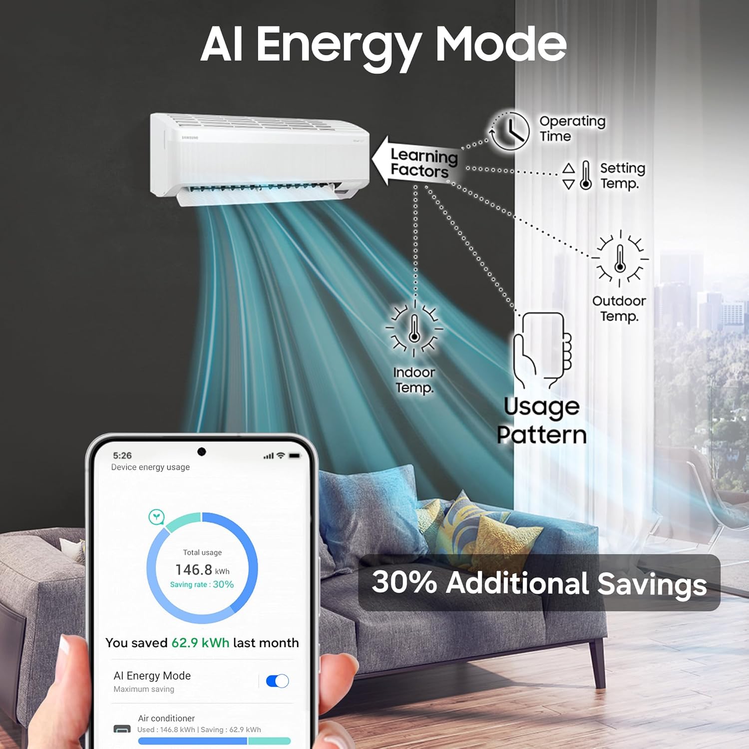Samsung 2 Ton 3 Star Wi-Fi Inverter Split AC (Copper, WindFree Technology, Bespoke AI Energy Mode, 5-Step Convertible, 4-Way Swing, Alexa/Google/Bixby Control, White)-AR60H24D13WNNA