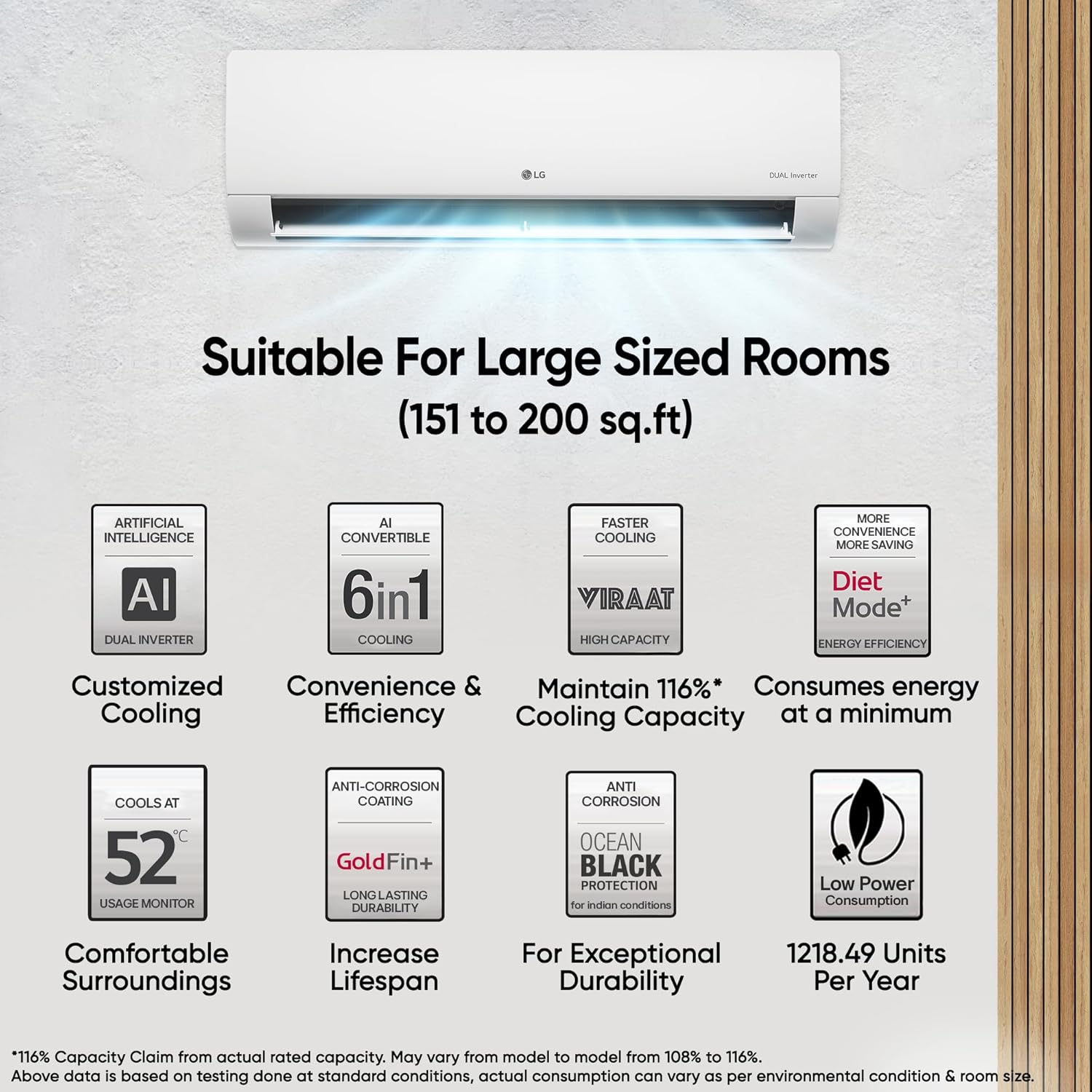 LG 2.0 Ton 3 Star AI Convertible 6-in-1 Inverter Split AC - 4-Way Swing, Himalaya Cool, Diet Mode, Smart Diagnosis, Stabilizer Free Operation, R32 Refrigerant, HD Filter with Auto Clean, 6800W Max Cooling-(AS-Q24ENXE.ANLG, White)