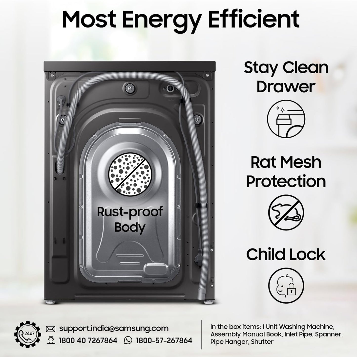 Samsung 9 kg, 5 star, AI EcoBubble, Super Speed, Wi-Fi, Hygiene Steam with Inbuilt Heater, Digital Inverter, Fully-Automatic Front Load Washing Machine (WW90DG5U24ABTL, Black)