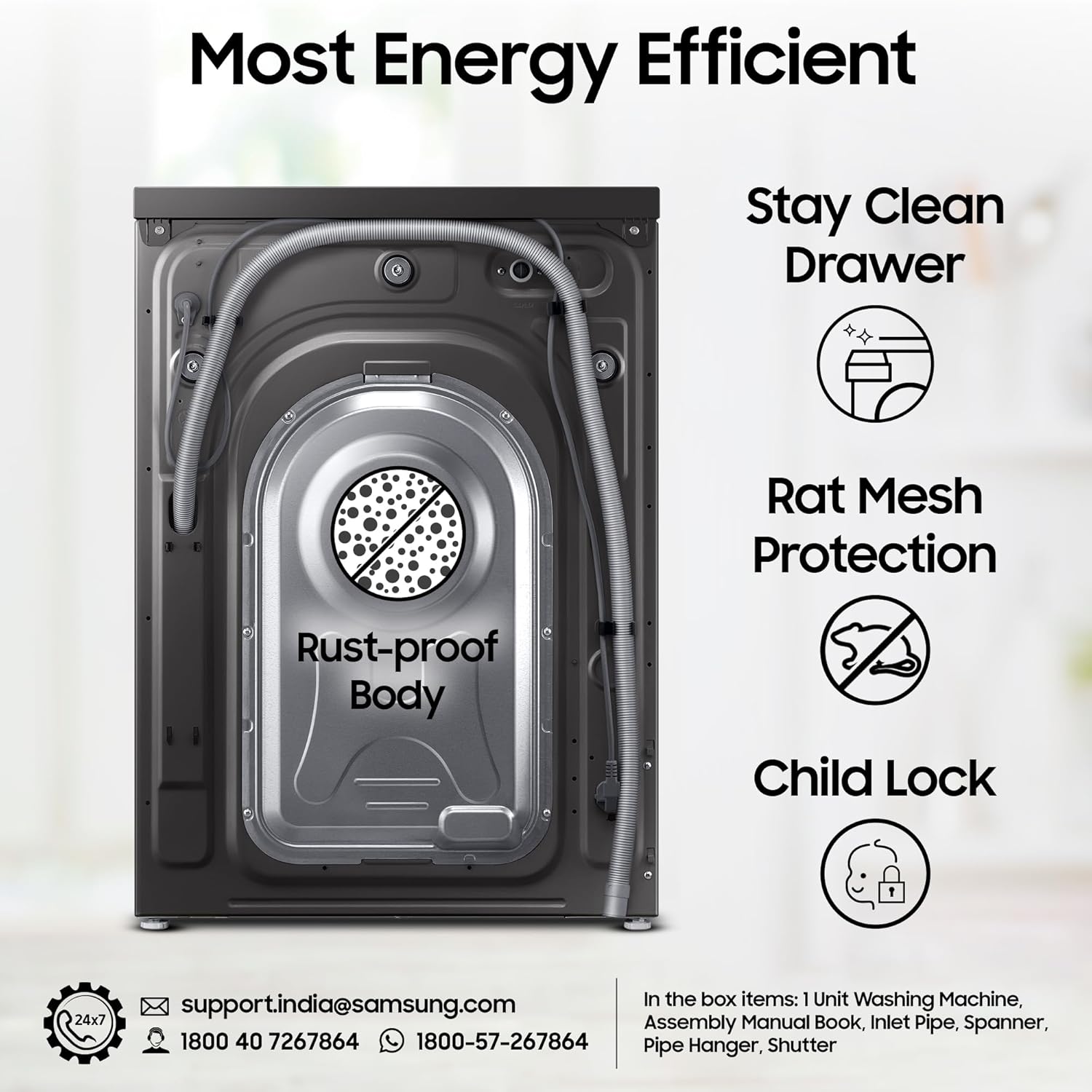 Samsung 9 kg, 5 star, AI EcoBubble, Super Speed, Wi-Fi, Hygiene Steam with Inbuilt Heater, Digital Inverter, Fully-Automatic Front Load Washing Machine (WW90DG5U24ABTL, Black)