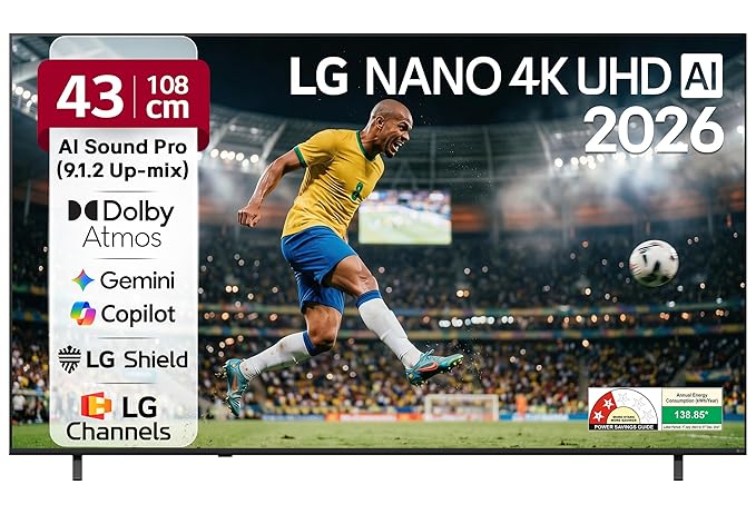 LG  108 cm (43 Inch) NANO 4K UHD AI Smart TV | α5 AI Processor 4K Gen9 | HDR10 | 4K Upscaling | AI Sound Pro | webOS 26 | AI ThinQ | Wi-Fi Enabled| Dolby Atmos| 2026 Model - 43NU875BPLA