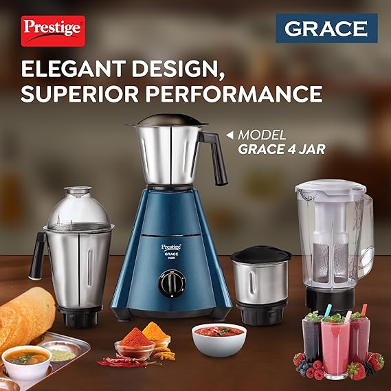 Prestige 750 Watts Grace Mixer Grinder with 4 Jars (3 Stainless Steel Jars + 1 Juice Jar)|4 Super Efficient Blades|Sturdy Handles|Dome Shaped Lid|Blue & Black 43151