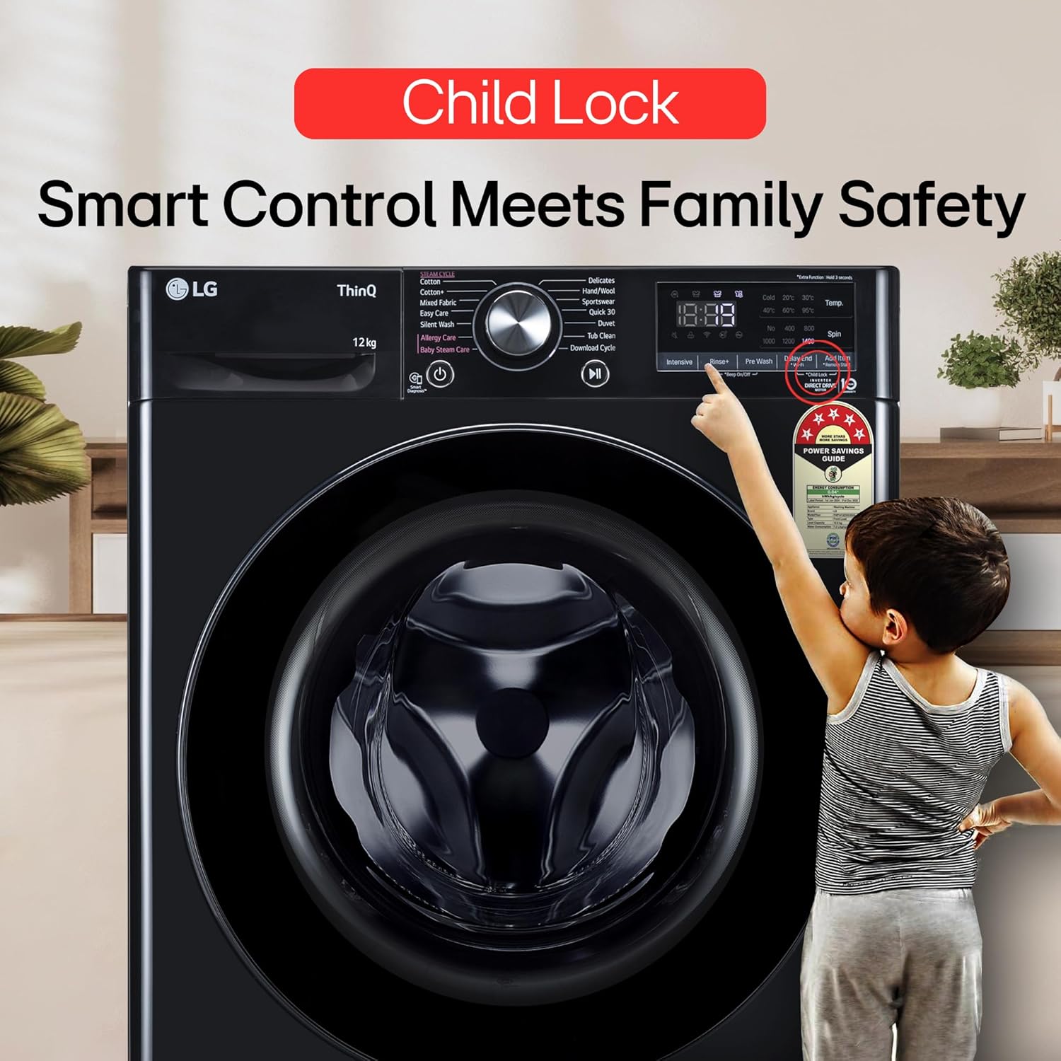 LG 12.0 kg 5 Star AI Direct Drive Front Load Washing Machine with In-Built Heater, Steam, 6 Motion DD, 1400 RPM, Wi-Fi ThinQ, and Allergy Care, Onyx Black,FHP1412Z5O