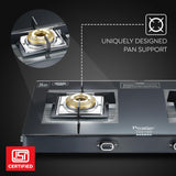 Prestige Vectra 2 Burner Glasstop Gas Stove|Superior Toughened Glass|Jumbo Brass Burner|3-Way Gas Inlet|360 Degree Revolving Nozzle|5 Years Warranty on Glass|Black-(40589)