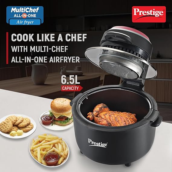 Prestige Multi-Chef All-in-One Air Fryer |80% less Oil Consumption|6.5L Capacity |1200 Watts Power|Airfry,Oven, Toast, Grill|See Through Lid|Advance Digital Display|Even Heat Distribution|Black-41410