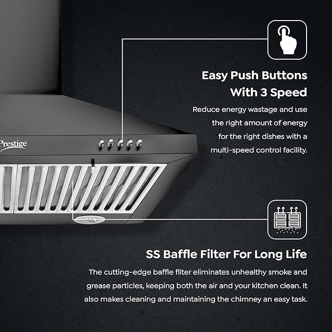 Prestige Dura Plus 600 Contemporary Black Kitchen Hood chimney|Powerful 1000M3/Suction|Easy Push Buttons With 3 Speed|Ss Baffle Filter-41848