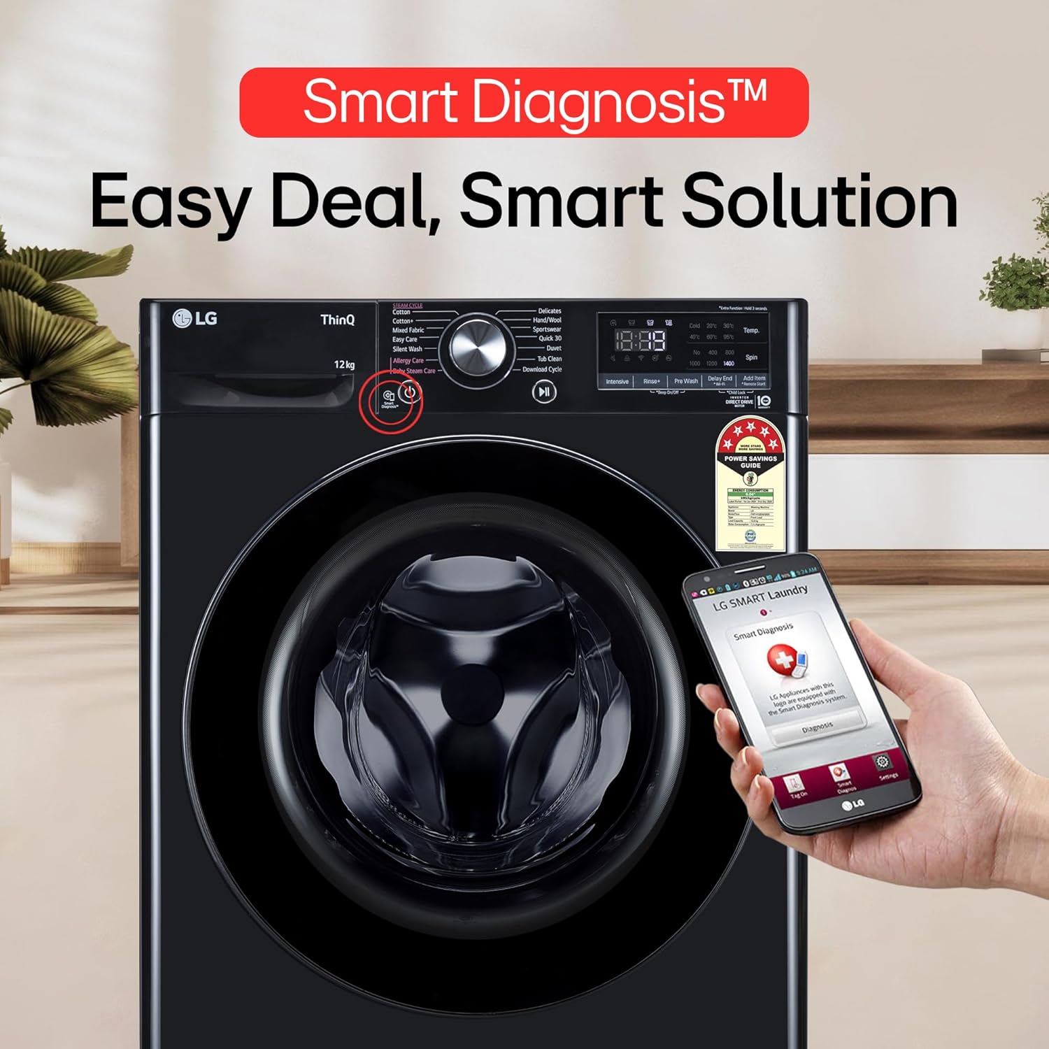 LG 12.0 kg 5 Star AI Direct Drive Front Load Washing Machine with In-Built Heater, Steam, 6 Motion DD, 1400 RPM, Wi-Fi ThinQ, and Allergy Care, Onyx Black,FHP1412Z5O