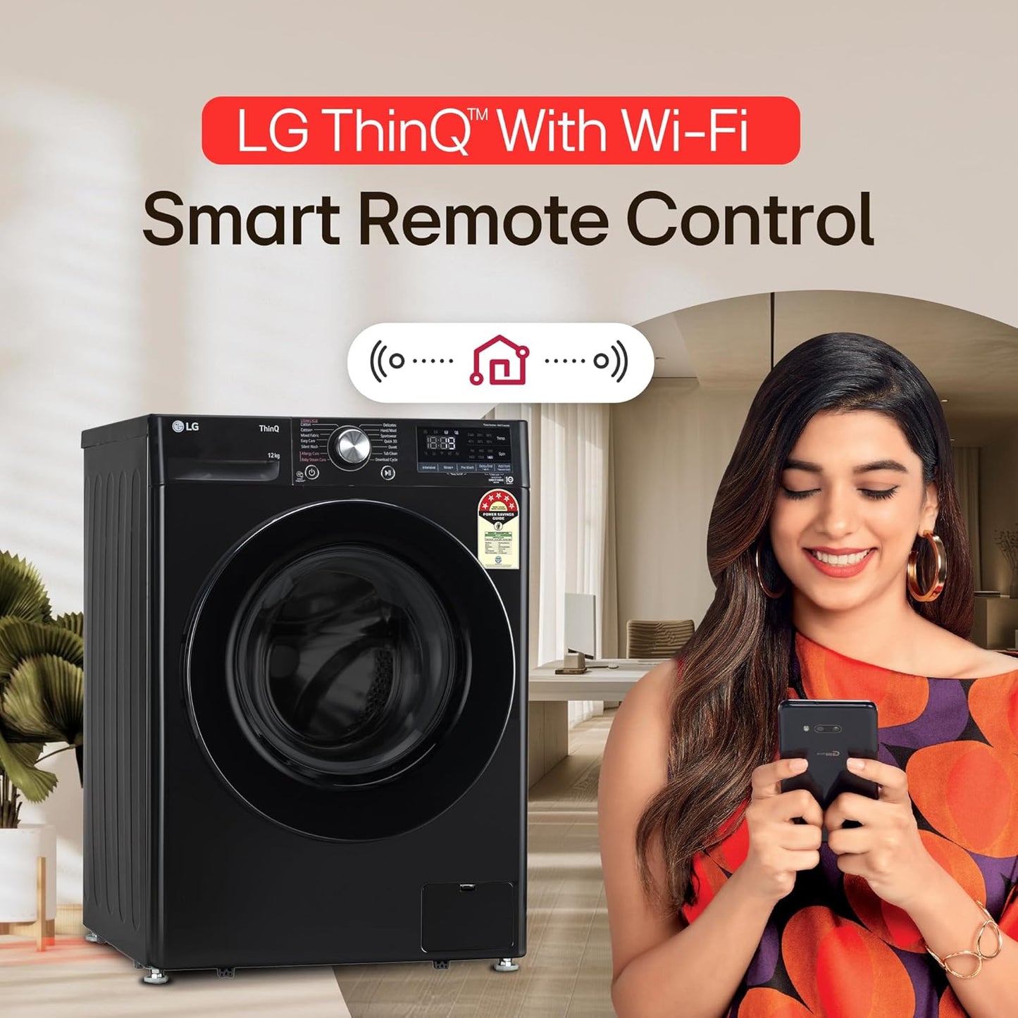 LG 12.0 kg 5 Star AI Direct Drive Front Load Washing Machine with In-Built Heater, Steam, 6 Motion DD, 1400 RPM, Wi-Fi ThinQ, and Allergy Care, Onyx Black,FHP1412Z5O