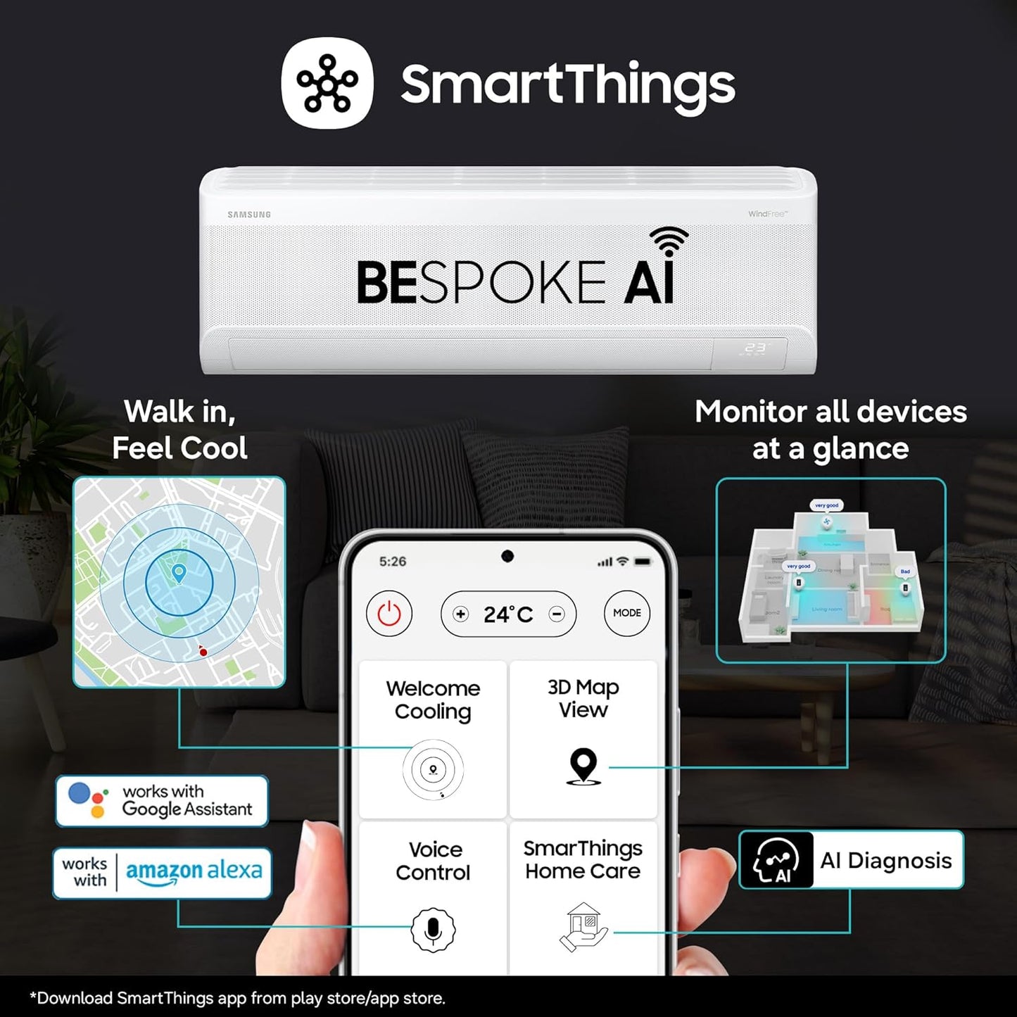Samsung 2 Ton 3 Star Wi-Fi Inverter Split AC (Copper, WindFree Technology, Bespoke AI Energy Mode, 5-Step Convertible, 4-Way Swing, Alexa/Google/Bixby Control, White)-AR60H24D13WNNA