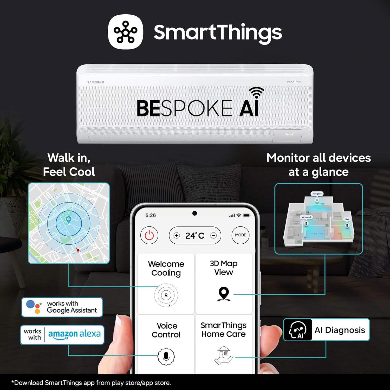 Samsung 2 Ton 3 Star Wi-Fi Inverter Split AC (Copper, WindFree Technology, Bespoke AI Energy Mode, 5-Step Convertible, 4-Way Swing, Alexa/Google/Bixby Control, White)-AR60H24D13WNNA
