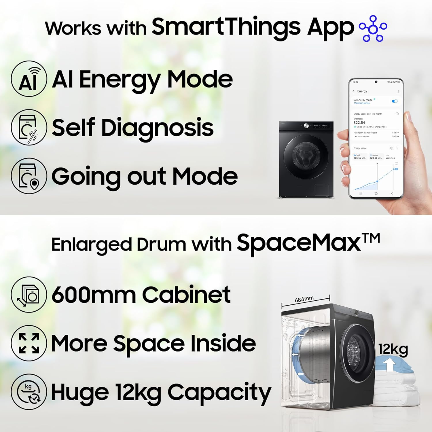 Samsung 9 kg, 5 star, AI EcoBubble, Super Speed, Wi-Fi, Hygiene Steam with Inbuilt Heater, Digital Inverter, Fully-Automatic Front Load Washing Machine (WW90DG5U24ABTL, Black)