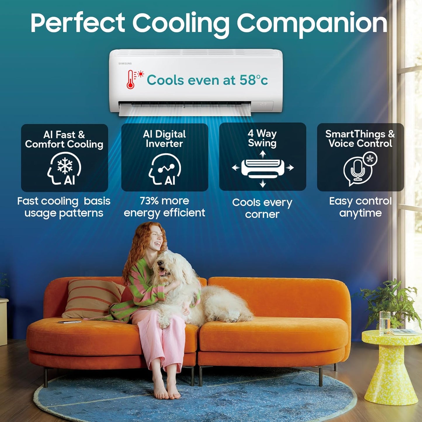 Samsung 2 Ton 3 Star Wi-Fi Inverter Split AC (Copper, Bespoke AI Energy Mode, 5-Step Convertible, 4-Way Swing, Fast Cooling, Alexa/Google/Bixby Control, White)-AR50H24D1XHNNA
