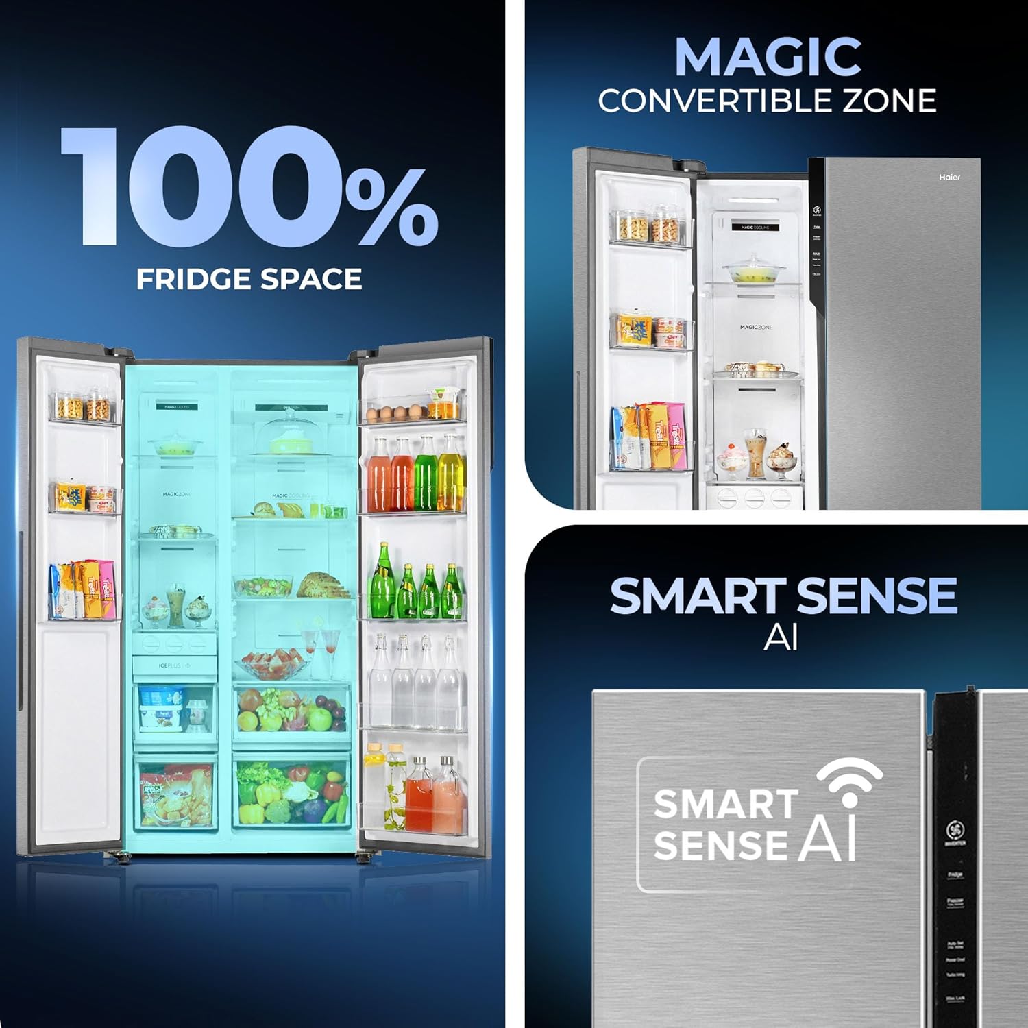 Haier 602L 3-Star Inverter Frost Free Side-by-Side Refrigerator | Toughened Glass Shelves | R600a Refrigerant | LED Lighting | Large Fruit & Vegetable Cases | Recess Handle | Energy Efficient Cooling Solution-(HRS-682SSU1, Steel Finish)