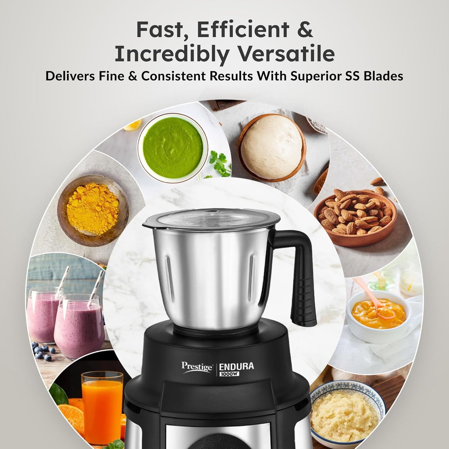 Prestige 1000 Watt Endura Mixer Grinder,6 Jars (3 Stainless Steel Jar + 1 Juicer Jar, 1 Mix-O-Keep Jar, 1 Multi-utility Jar), Black |Sturdy Stainless Steel Body|7-Efficient Stainless Steel Blades-42535