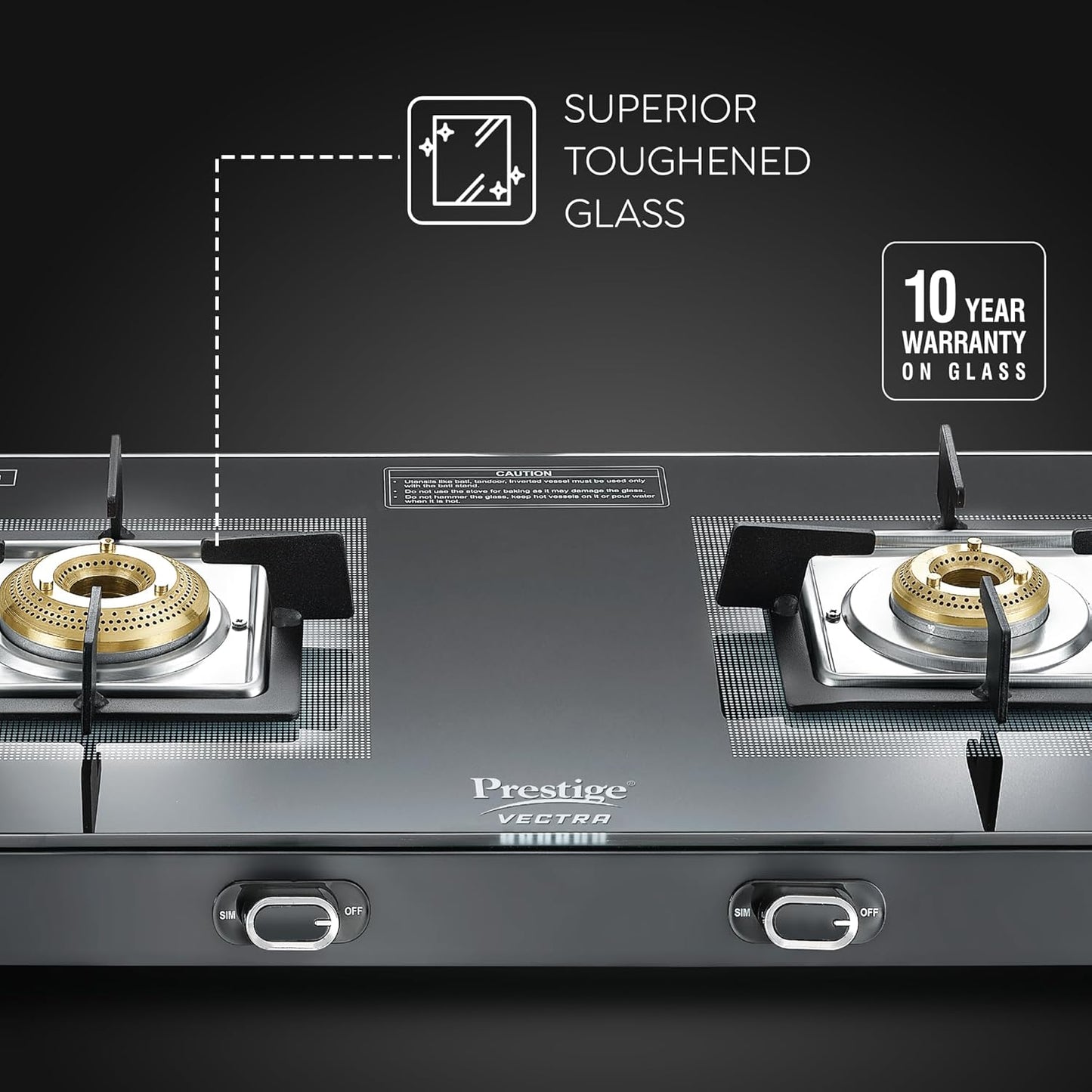 Prestige Vectra 2 Burner Glasstop Gas Stove|Superior Toughened Glass|Jumbo Brass Burner|3-Way Gas Inlet|360 Degree Revolving Nozzle|5 Years Warranty on Glass|Black-(40589)