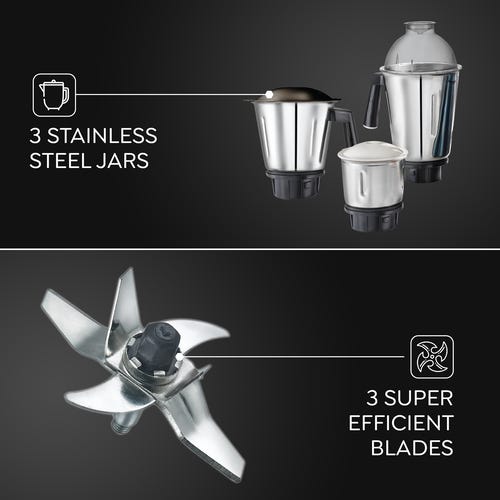 Prestige Grace 750W Mixer Grinder with 3 Durable Stainless Steel Jars | Tough ABS Plastic Body | 230V | High-Performance Grinding for Wet & Dry Ingredients- Model: 43152