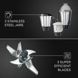 Prestige Grace 750W Mixer Grinder with 3 Durable Stainless Steel Jars | Tough ABS Plastic Body | 230V | High-Performance Grinding for Wet & Dry Ingredients- Model: 43152