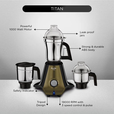 Preethi Titan MG 283 Mixer Grinder (1000W) | High-Torque Sigma W2 Motor | 3 Stainless Steel Jars (1.5L, 1.0L, 0.5L) | Super Fine Grinding in 90 Seconds | 3D Air Cooling Technology | Black & Olive Green-PRE5782837