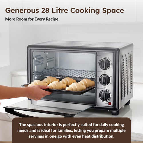 Prestige Oven Toaster Griller 28L with Rotisserie & Convection (POTG 28AC) | Stainless Steel Built-in OTG | 5 Function Controls, Airfry & 60-Min Timer | Non-Induction Base-42342