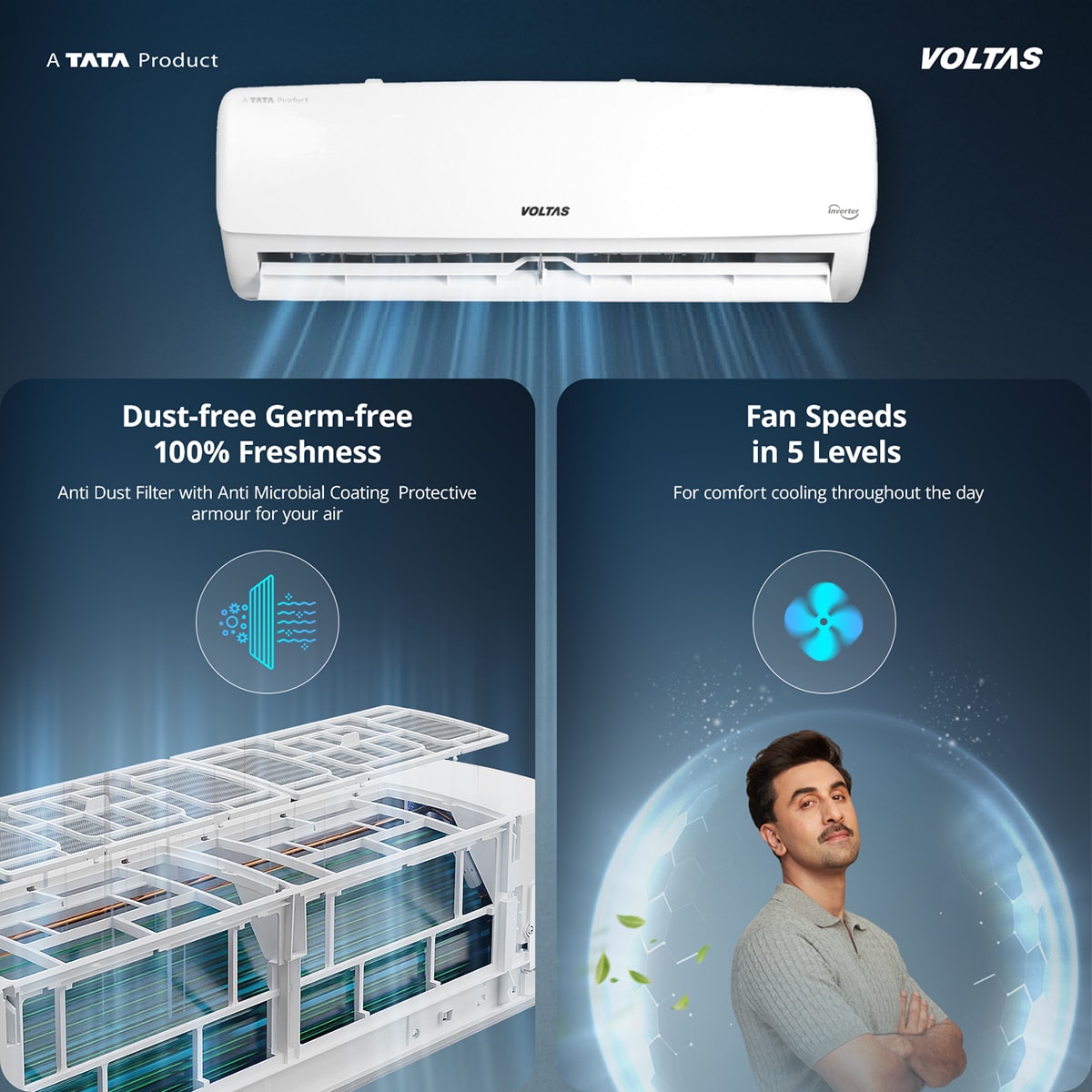 Voltas 2 Ton 5 Star Adjustable Inverter Split AC (245V Vectra Plush,100% Copper, Multi Adjustable Mode, Anti-Microbial Air Filtration, High Ambient Cooling, Turbo Cooling, Sleep Mode, Eco-Friendly R32, White)