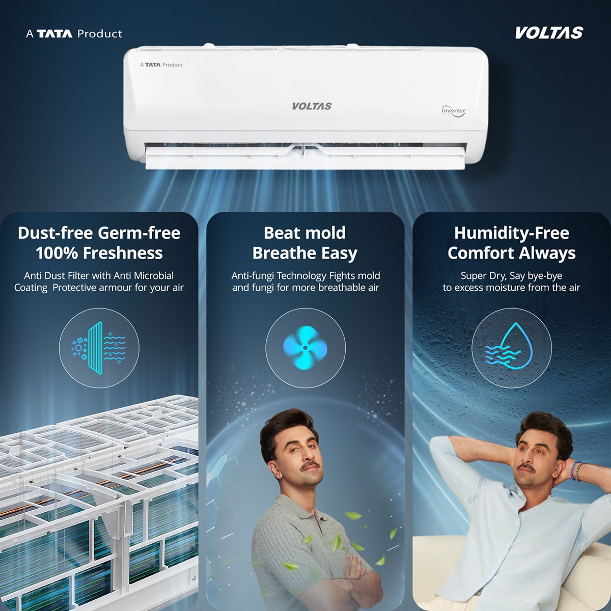 Voltas 1 Ton 3-Star Inverter Split AC (123INV VECTRA EMERALD, Max 3326W Cooling, Convertible 5-in-1, Anti-Dust Filter with Anti-Microbial Coating, Auto Clean, Sleep Mode, R-32 Refrigerant, Max 52°C Ambient Temperature, White)