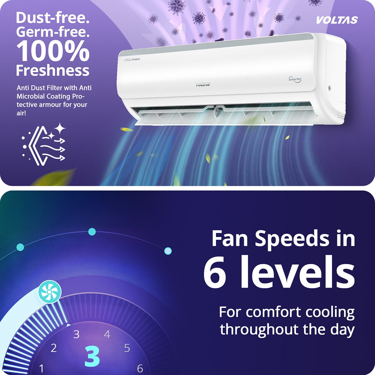 Voltas 1.5 Ton 5 Star Inverter Split AC (185INV Vertis Elite) | 6 Step Adjustable Mode, 5050W Cooling, 100% Copper, 4-Way Swing, Ice Wash Technology, Anti-Corrosive Gold Fin, High Ambient Cooling up to 52°C