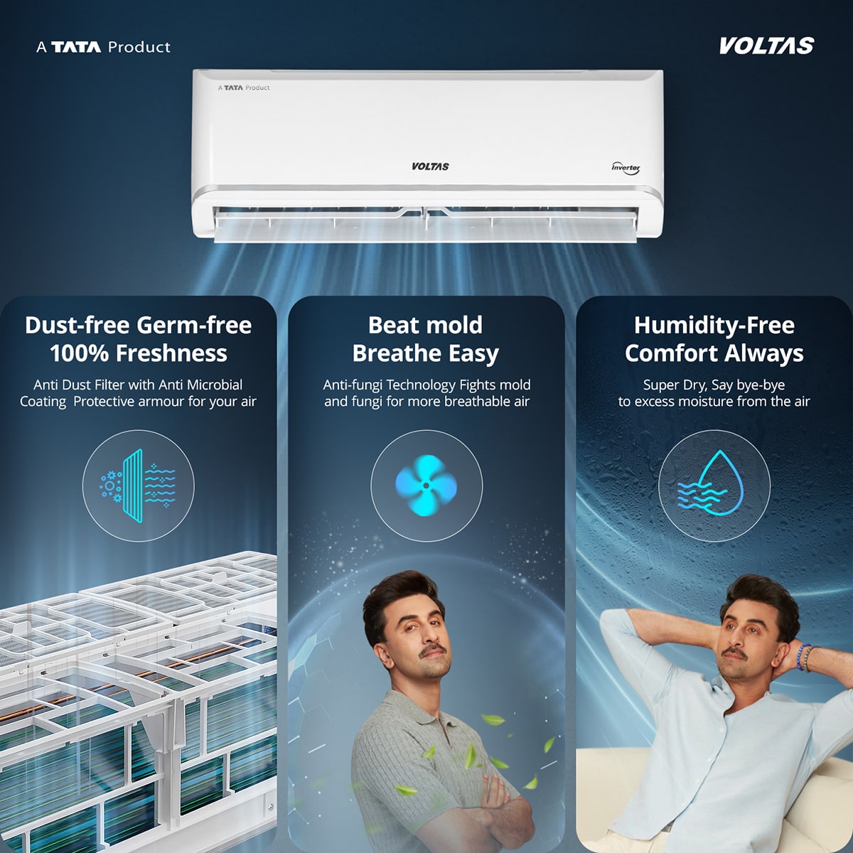 Voltas 1.5 Ton 3 Star Inverter Split AC (183V Vectra Zen Silver, White) | 4-Step Adjustable Mode (0.7/1/1.2/1.5) | Anti-Microbial Air Filtration | 100% Copper | Stabilizer Free (110V - 285V) | Max Cooling 5200W | Self Diagnosis | R32