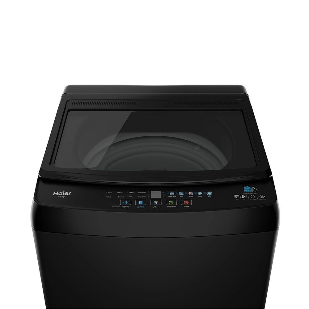 Haier 8 Kg Fully Automatic Top Load Washing Machine with Ultra Fresh Air, Oceanus Wave Pulsator & Zero Pressure Technology (Black)- HWM80-310BK